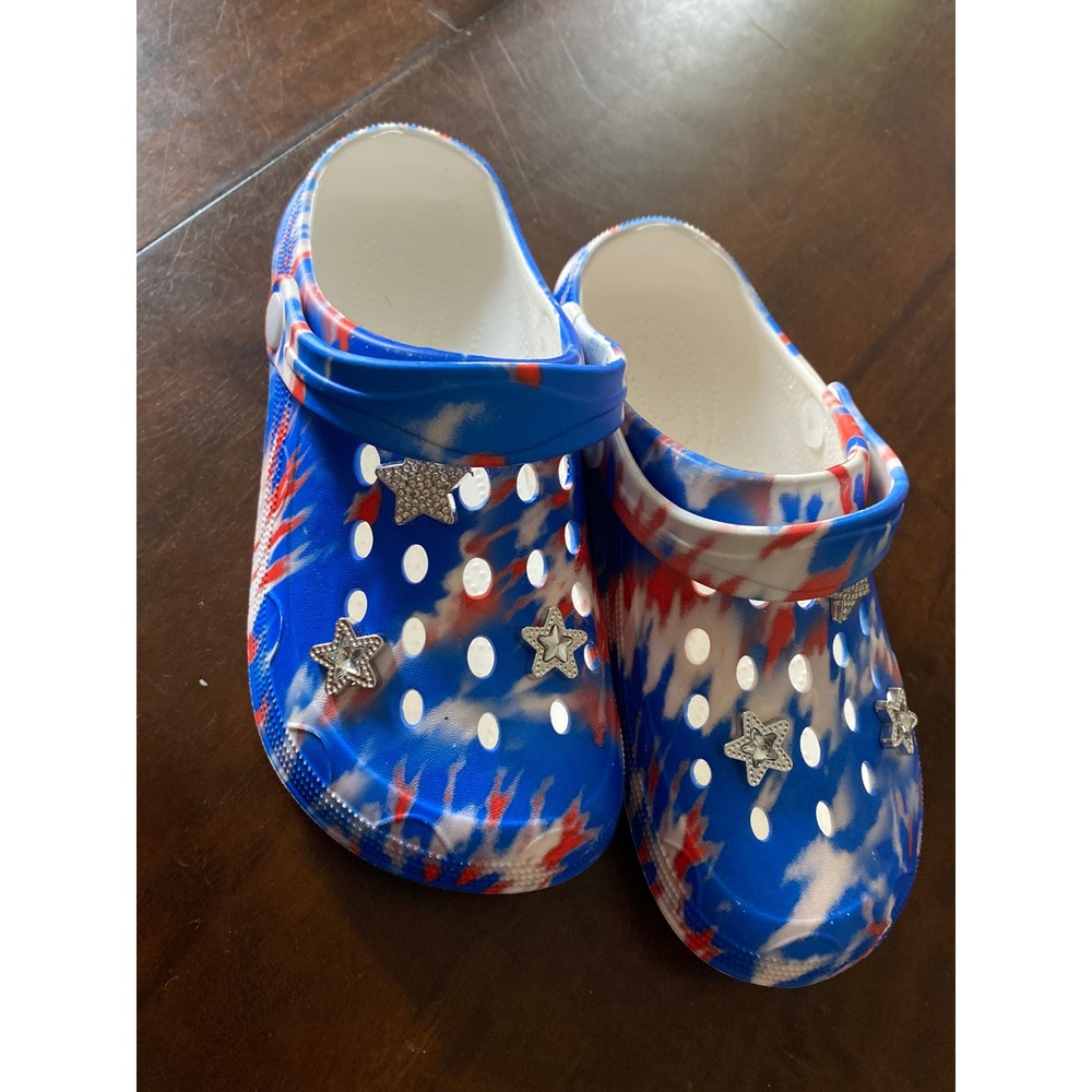 Red White Blue Tie Dye Clogs‎ Patriotic Star Rhinestone Slip On Shoes Size S 5/6